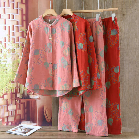 Granatapfelblüten-Pyjama-Set aus Baumwolljacquard im Vintage-Stil, garngefärbt
