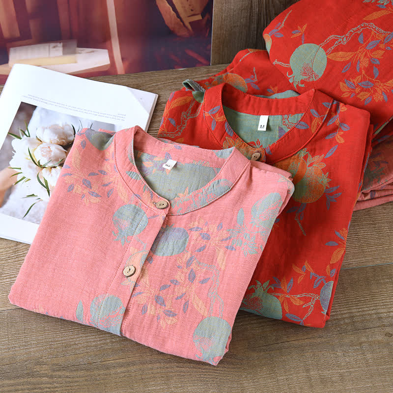 Granatapfelblüten-Pyjama-Set aus Baumwolljacquard im Vintage-Stil, garngefärbt