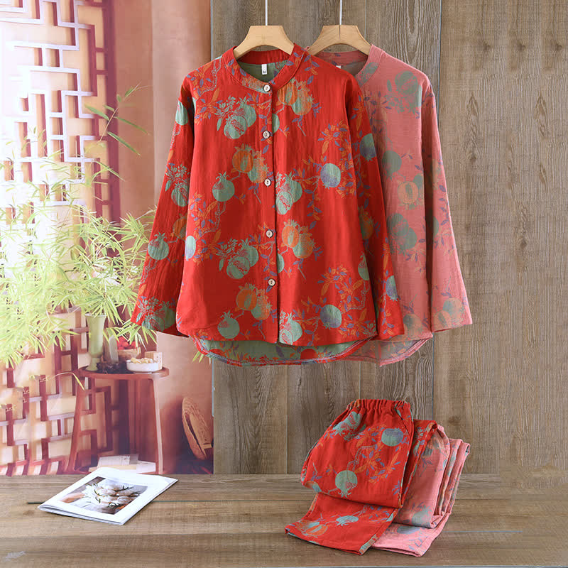 Granatapfelblüten-Pyjama-Set aus Baumwolljacquard im Vintage-Stil, garngefärbt