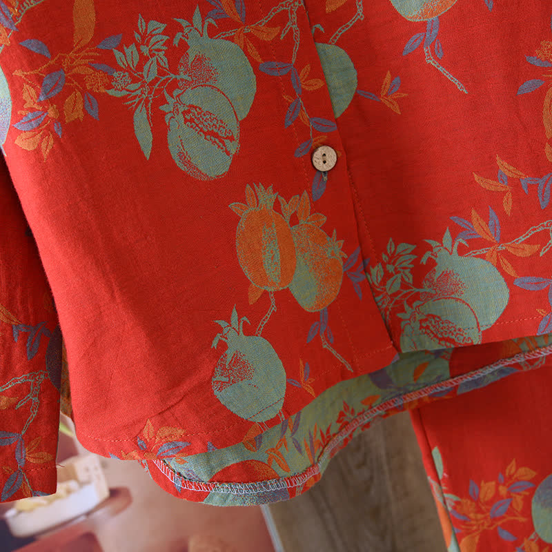 Granatapfelblüten-Pyjama-Set aus Baumwolljacquard im Vintage-Stil, garngefärbt