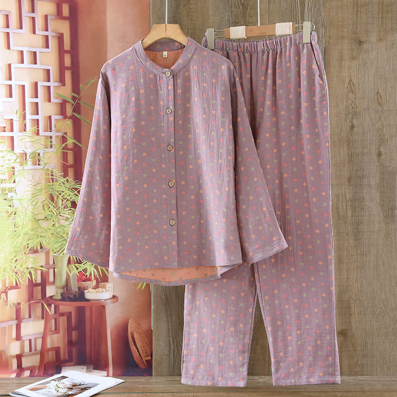 Buntes, garngefärbtes Pyjama-Set aus Baumwolle im Vintage-Stil mit Kreisen