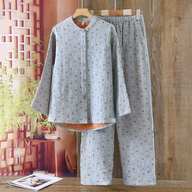 Buntes, garngefärbtes Pyjama-Set aus Baumwolle im Vintage-Stil mit Kreisen