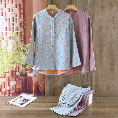 Buntes, garngefärbtes Pyjama-Set aus Baumwolle im Vintage-Stil mit Kreisen