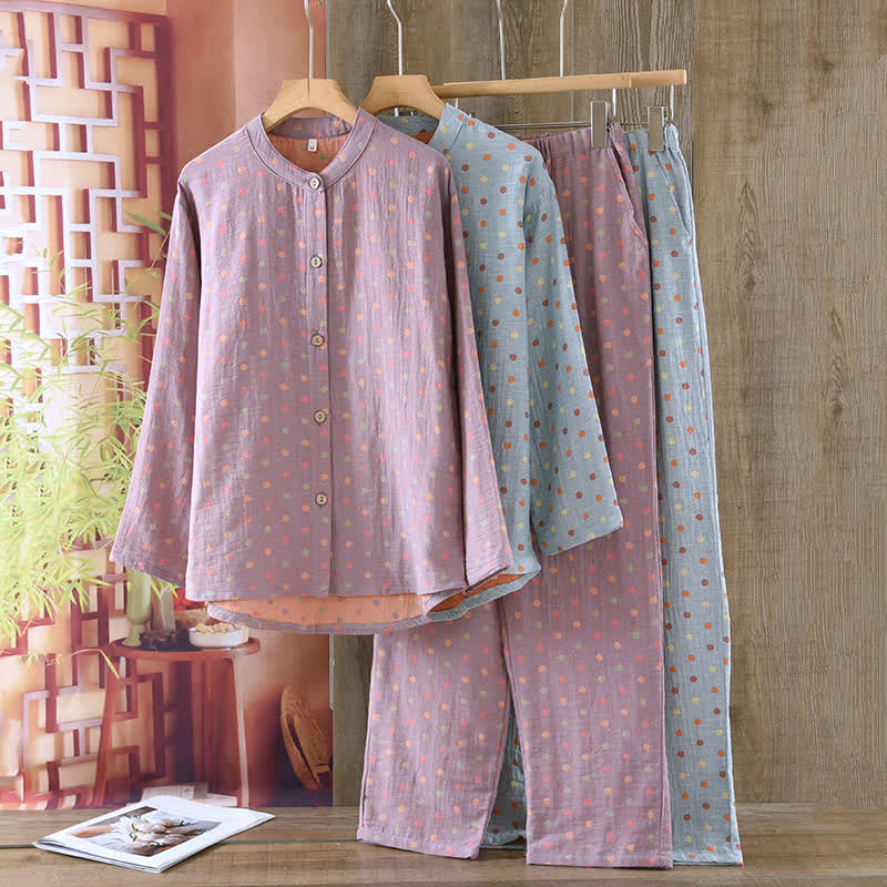 Buntes, garngefärbtes Pyjama-Set aus Baumwolle im Vintage-Stil mit Kreisen