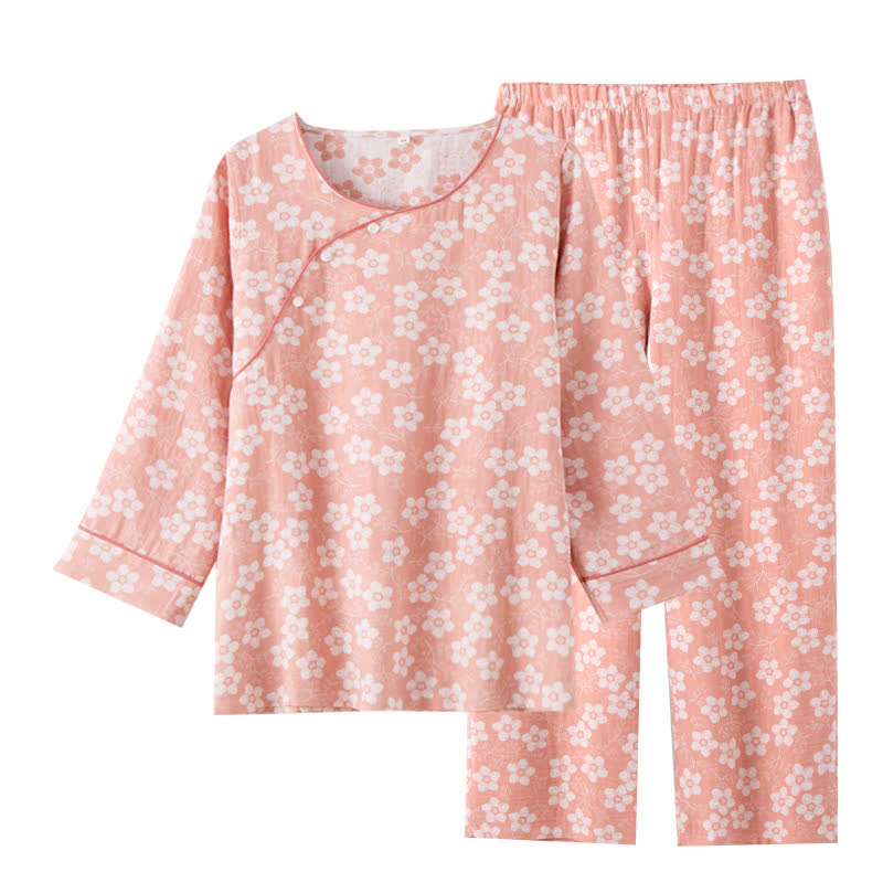 Retro-Pyjama-Set aus garngefärbtem Baumwolljacquard mit Blumenmuster