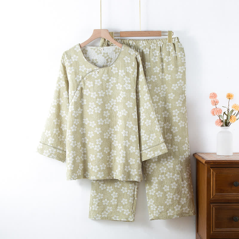 Retro-Pyjama-Set aus garngefärbtem Baumwolljacquard mit Blumenmuster