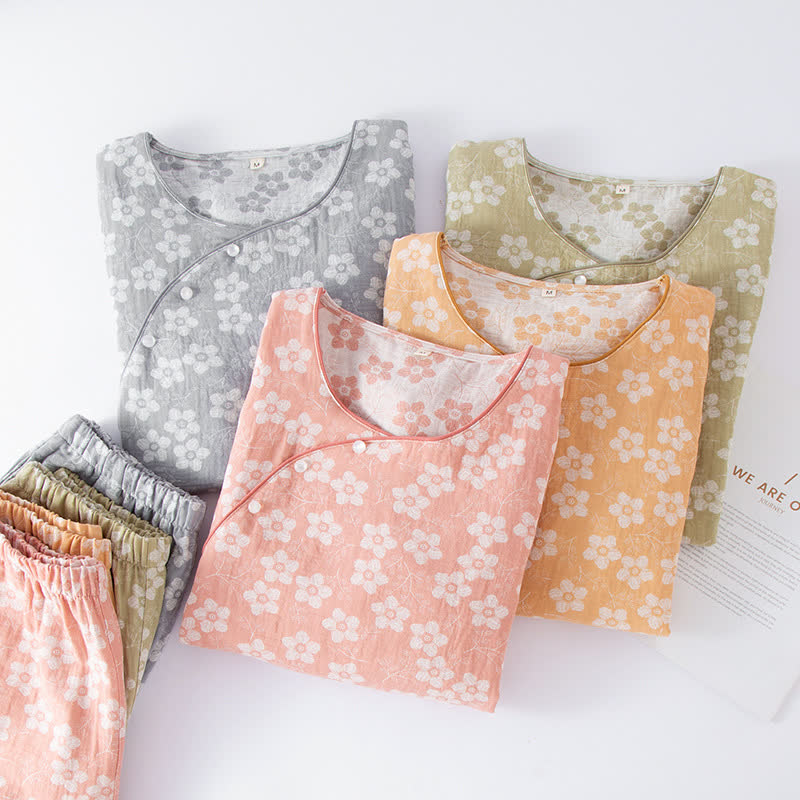 Retro-Pyjama-Set aus garngefärbtem Baumwolljacquard mit Blumenmuster