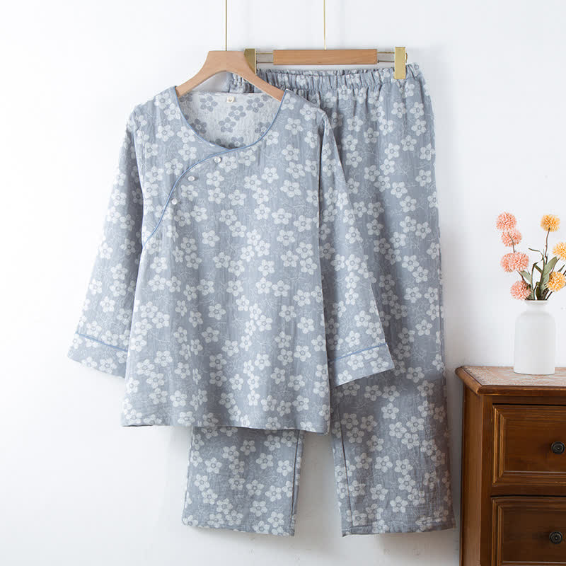Retro-Pyjama-Set aus garngefärbtem Baumwolljacquard mit Blumenmuster