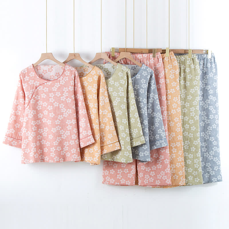 Retro-Pyjama-Set aus garngefärbtem Baumwolljacquard mit Blumenmuster