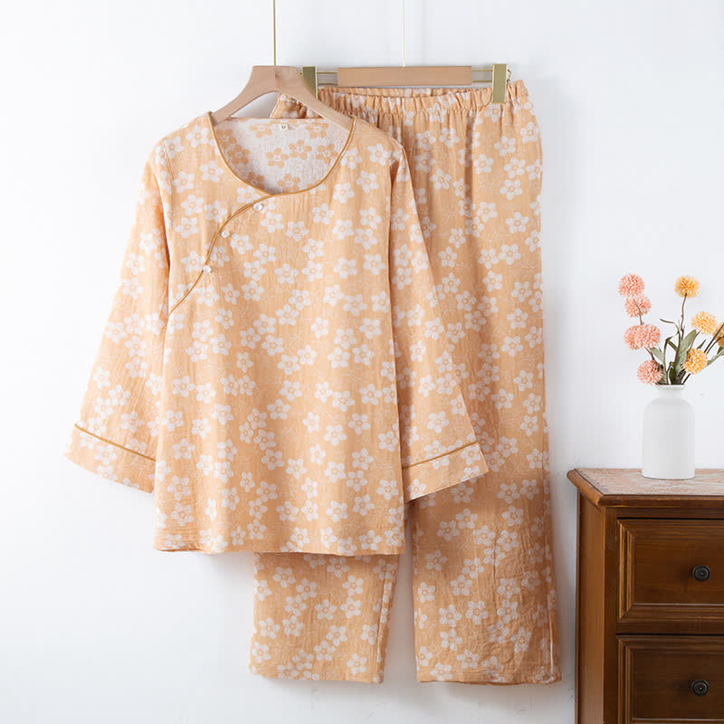 Retro-Pyjama-Set aus garngefärbtem Baumwolljacquard mit Blumenmuster