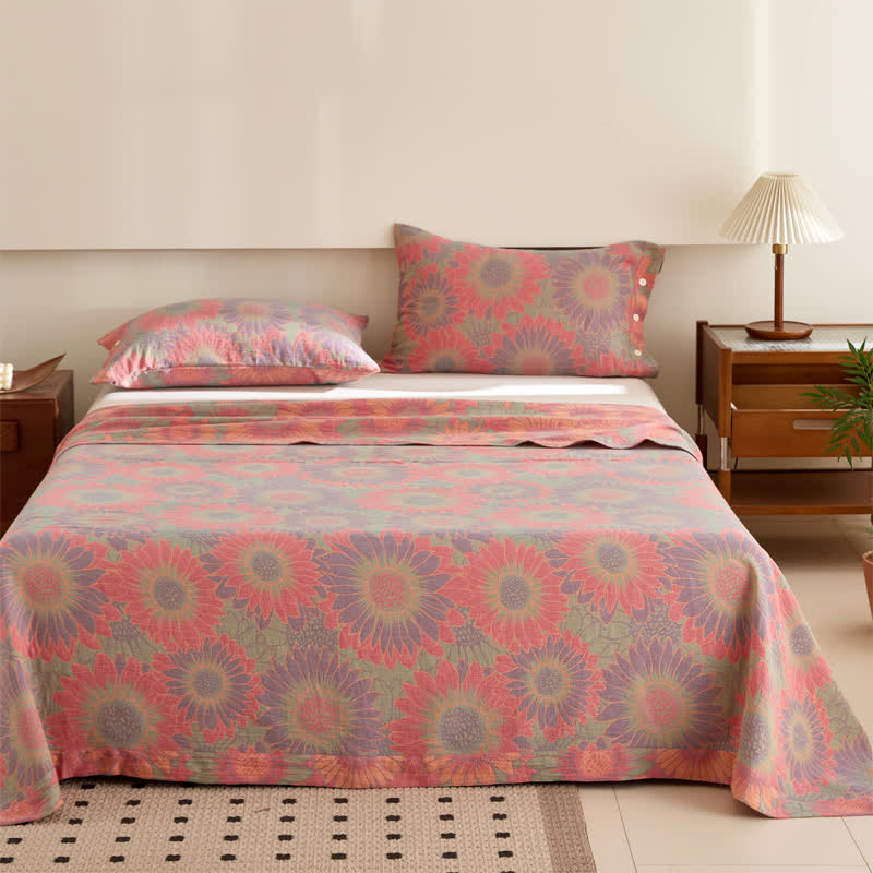 Doppellagige, garngefärbte Jacquard-Wendedecke aus Sonnenblumenbaumwolle
