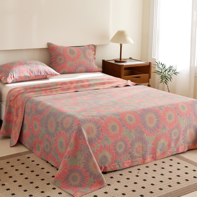 Doppellagige, garngefärbte Jacquard-Wendedecke aus Sonnenblumenbaumwolle