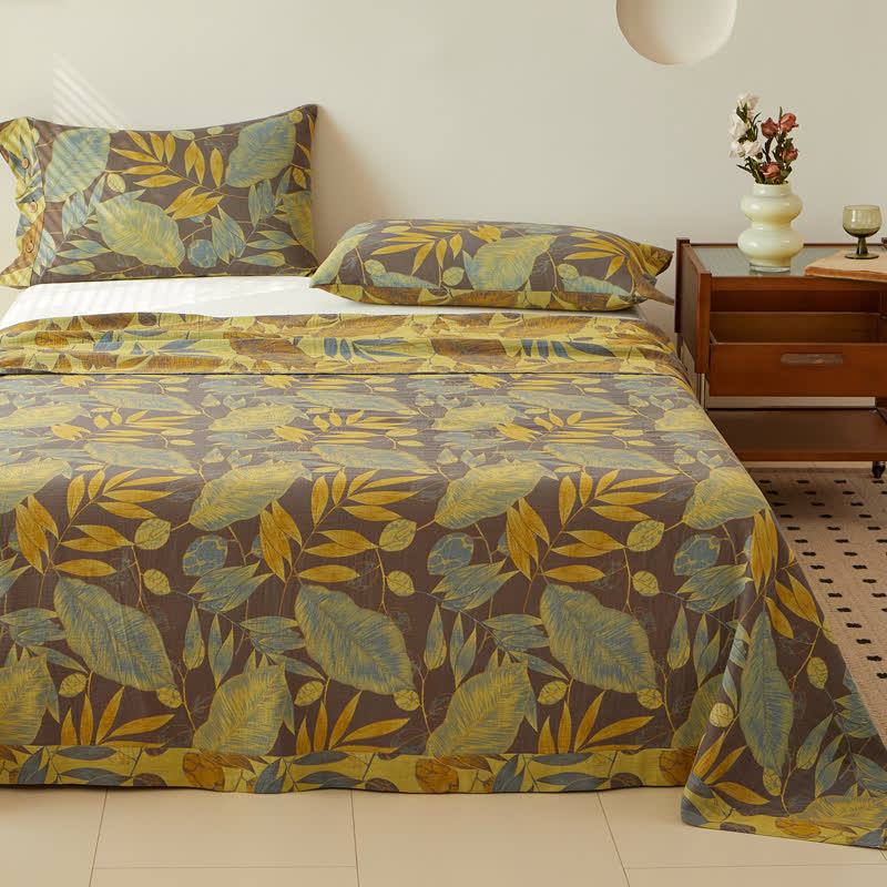 Wende-Bettdecke aus doppellagigem, garngefärbtem Jacquard aus Baumwolle mit Blättern