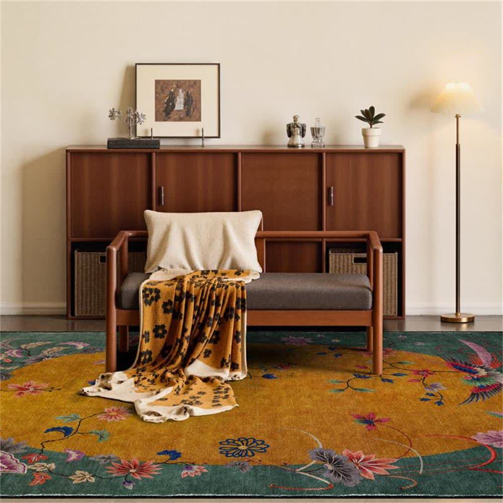 Rutschfester, faltbarer Teppich mit Blumen- und Vogelmotiv