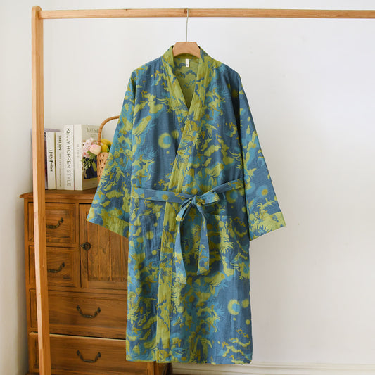 Pastoraler doppellagiger Bademantel aus garngefärbtem Jacquard aus Baumwolle