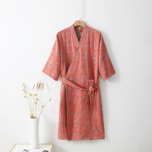 Bademantel aus doppellagiger, garngefärbter Gaze aus Baumwolle und Jacquard mit Blumenmuster