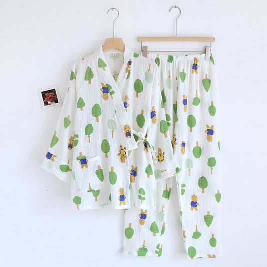 Pyjama-Set aus Baumwollgaze mit Baum- und Bären-Print
