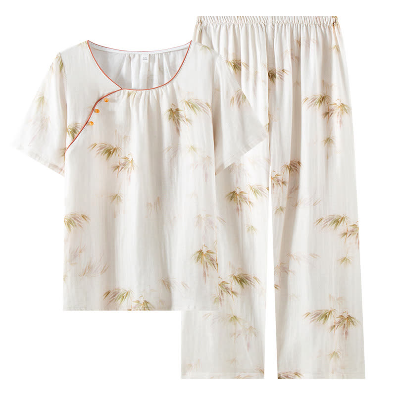 Loungewear-Set aus Baumwollgaze mit Vintage-Bambusdruck und Perlenknöpfen