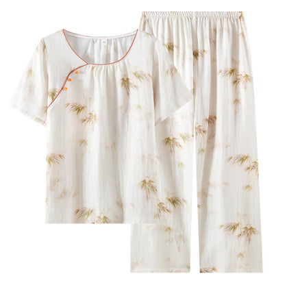 Loungewear-Set aus Baumwollgaze mit Vintage-Bambusdruck und Perlenknöpfen