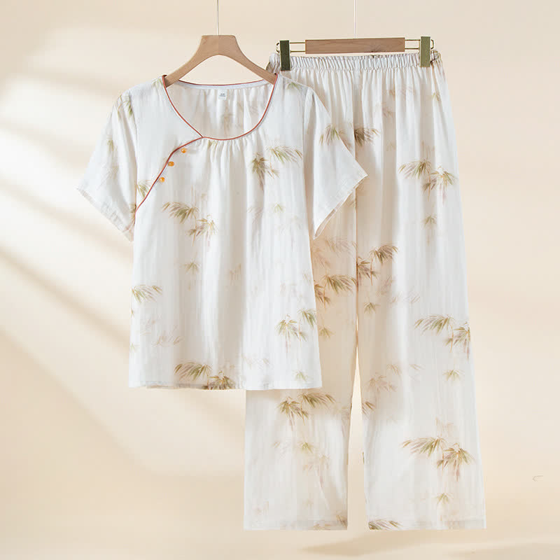 Loungewear-Set aus Baumwollgaze mit Vintage-Bambusdruck und Perlenknöpfen
