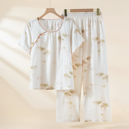 Loungewear-Set aus Baumwollgaze mit Vintage-Bambusdruck und Perlenknöpfen