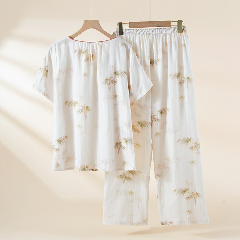 Loungewear-Set aus Baumwollgaze mit Vintage-Bambusdruck und Perlenknöpfen