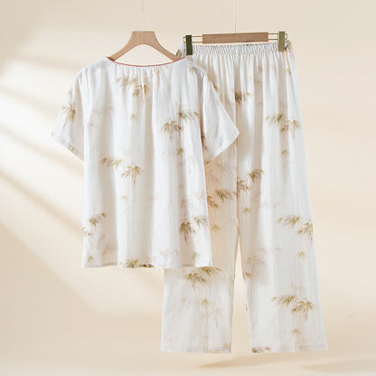 Loungewear-Set aus Baumwollgaze mit Vintage-Bambusdruck und Perlenknöpfen