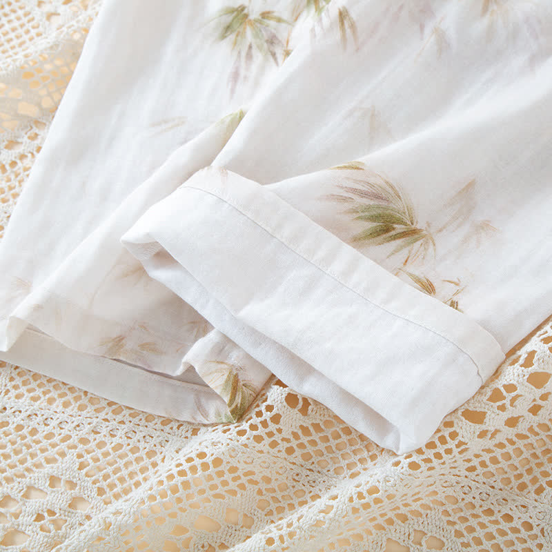 Loungewear-Set aus Baumwollgaze mit Vintage-Bambusdruck und Perlenknöpfen