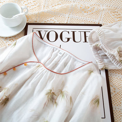 Loungewear-Set aus Baumwollgaze mit Vintage-Bambusdruck und Perlenknöpfen