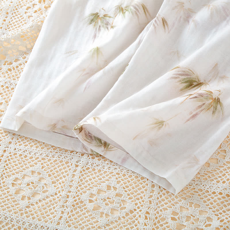 Loungewear-Set aus Baumwollgaze mit Vintage-Bambusdruck und Perlenknöpfen