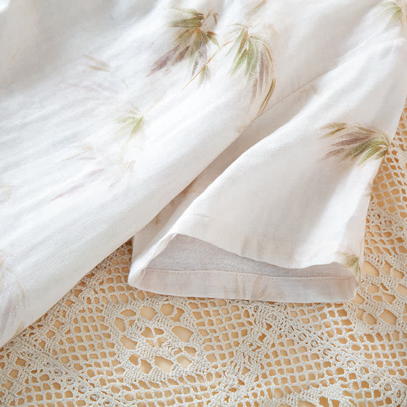 Loungewear-Set aus Baumwollgaze mit Vintage-Bambusdruck und Perlenknöpfen
