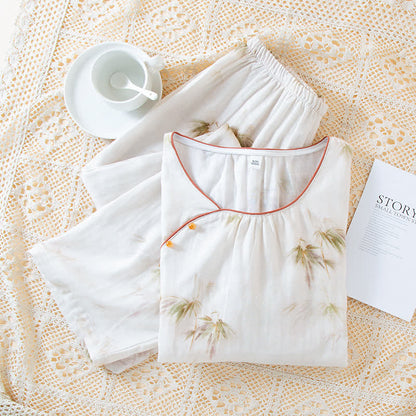 Loungewear-Set aus Baumwollgaze mit Vintage-Bambusdruck und Perlenknöpfen