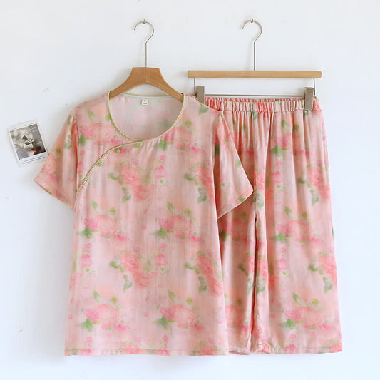 Kurzärmliges Pyjama-Set aus Bambusfaser mit Rosendruck