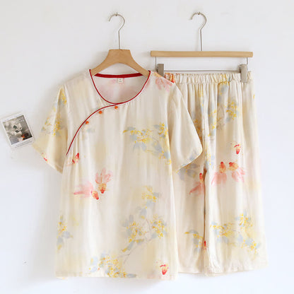 Kurzarm-Pyjama-Set aus Bambusfaser mit Koi-Blumenmuster