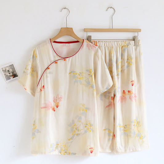 Kurzarm-Pyjama-Set aus Bambusfaser mit Koi-Blumenmuster
