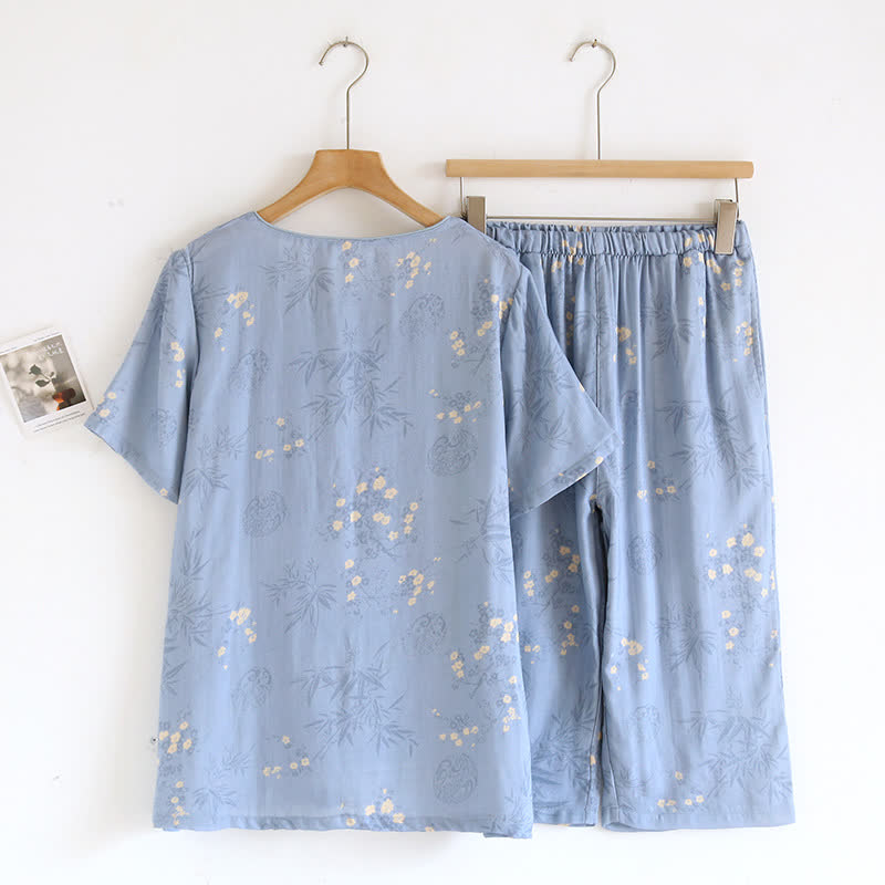 Elegantes, kurzärmliges Pyjama-Set aus Bambusfaser mit Blumenmuster