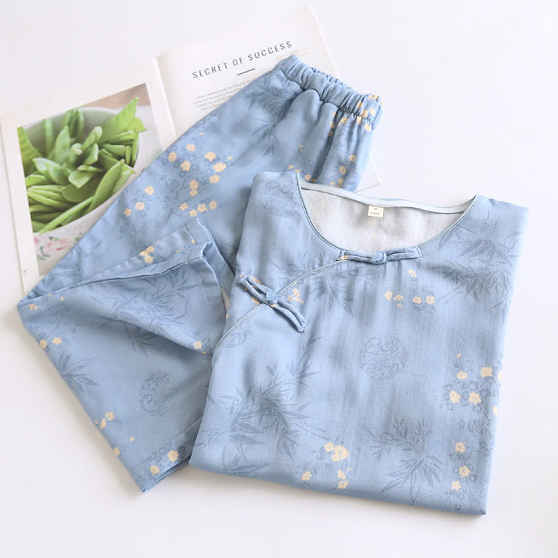 Elegantes, kurzärmliges Pyjama-Set aus Bambusfaser mit Blumenmuster