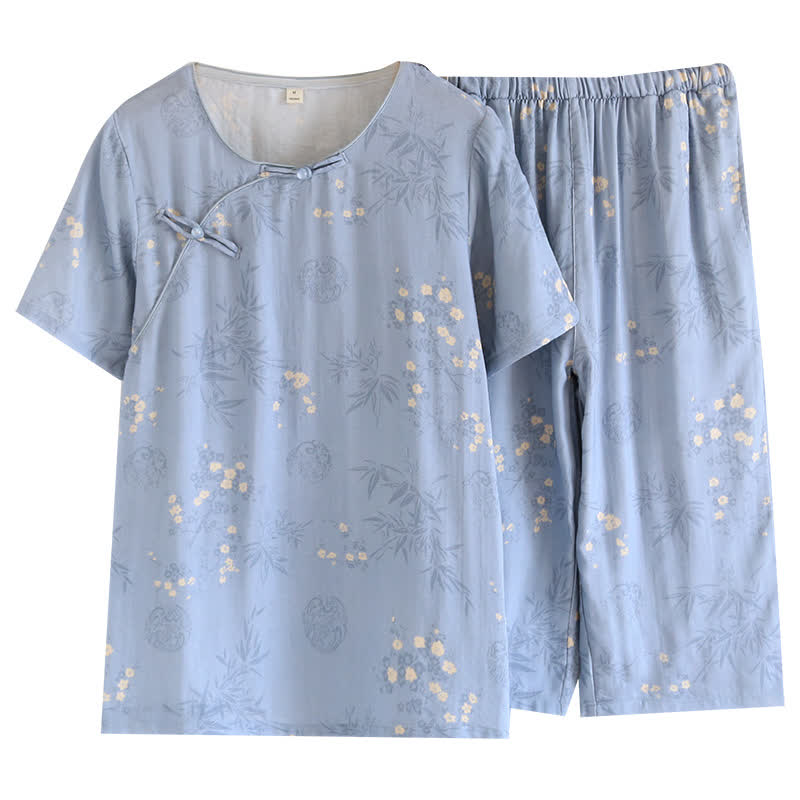 Elegantes, kurzärmliges Pyjama-Set aus Bambusfaser mit Blumenmuster
