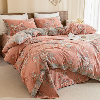 Wendbares Bettwäscheset aus Baumwollgaze mit Blumenmuster und Knöpfen (4-teilig)