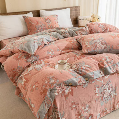 Wendbares Bettwäscheset aus Baumwollgaze mit Blumenmuster und Knöpfen (4-teilig)
