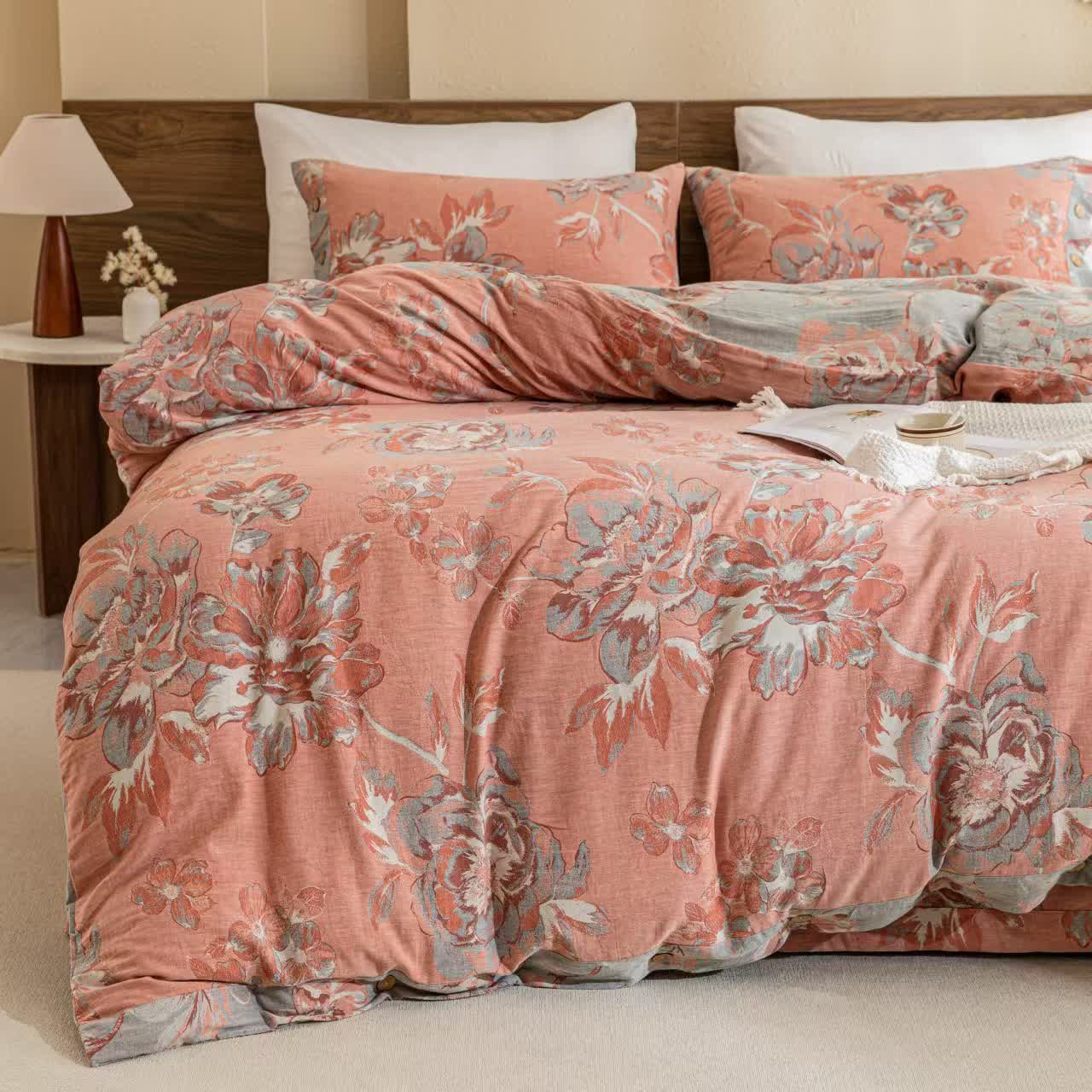 Wendbares Bettwäscheset aus Baumwollgaze mit Blumenmuster und Knöpfen (4-teilig)