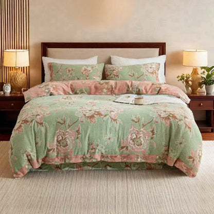 Wendbares Bettwäscheset aus Baumwollgaze mit Blumenmuster und Knöpfen (4-teilig)
