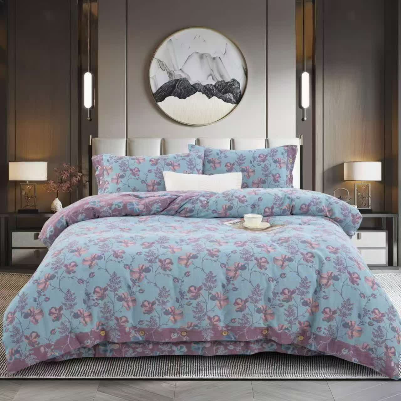 Bettwäscheset aus Baumwollgaze mit blühenden Blumen (4-teilig)