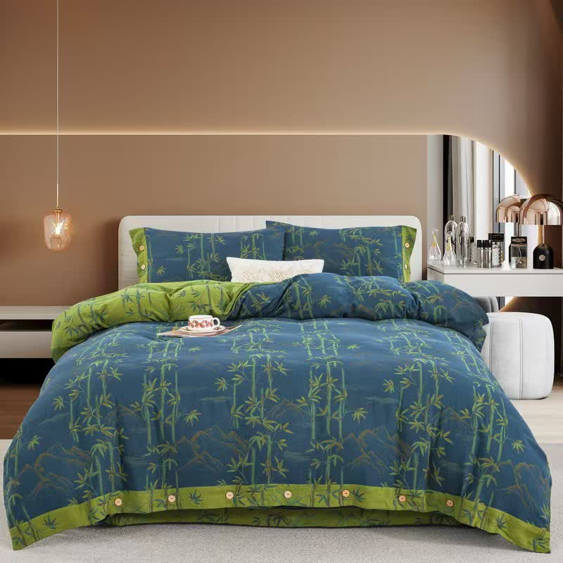 Wende-Bettwäscheset aus Baumwollgaze mit Bambuspflanzen (4-teilig) - Blau - 220 cm x 240 cm - image 0