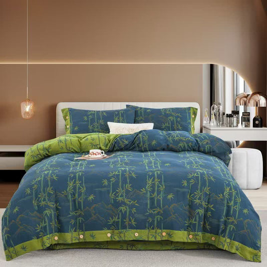 Wende-Bettwäscheset aus Baumwollgaze mit Bambuspflanzen (4-teilig) - Blau - 220 cm x 240 cm - image 0