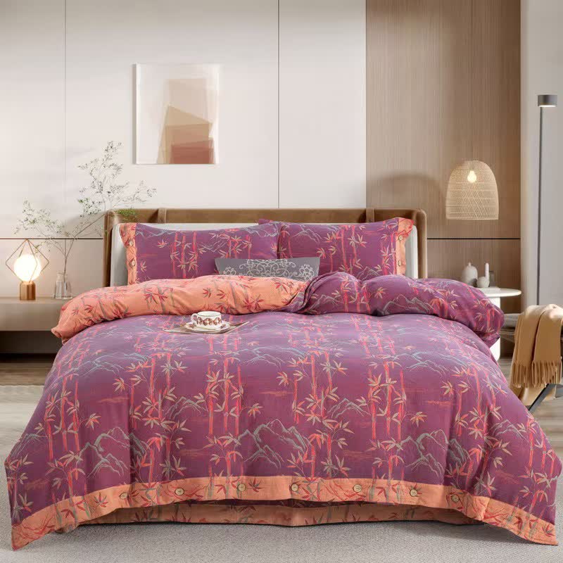 Wende-Bettwäscheset aus Baumwollgaze mit Bambuspflanzen (4-teilig) - Lila - 220 cm x 240 cm - image 13