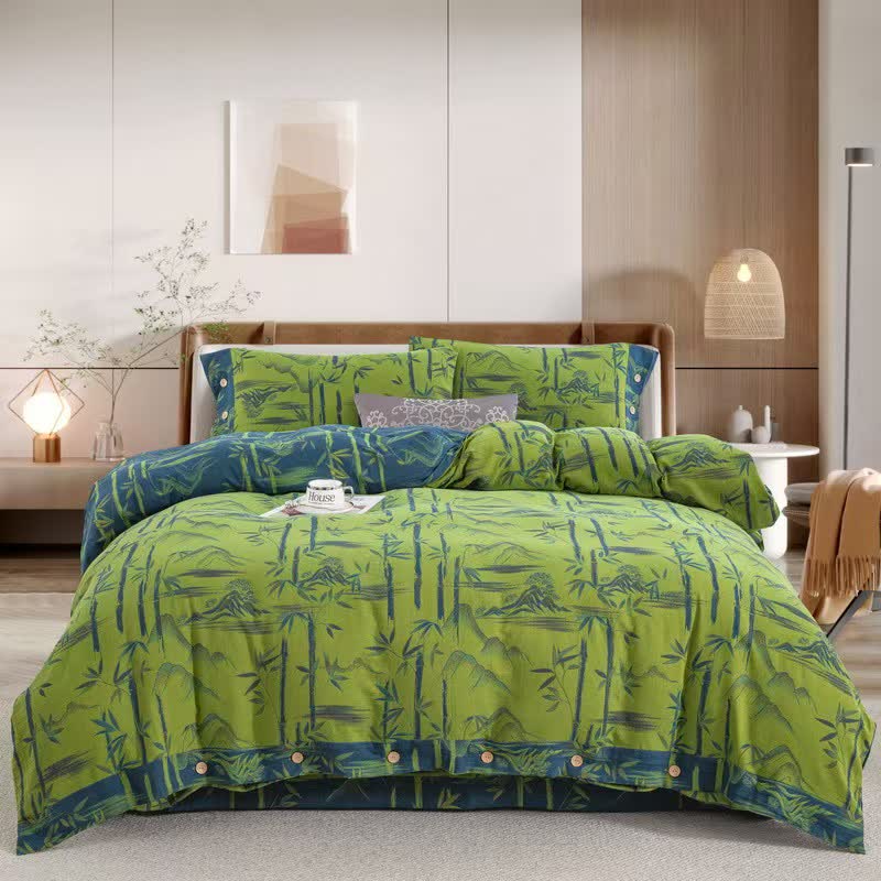 Wende-Bettwäscheset aus Baumwollgaze mit Bambuspflanzen (4-teilig) - Grün - 220 cm x 240 cm - image 9