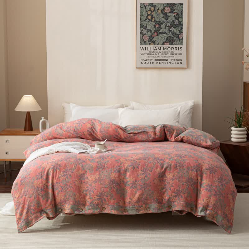 Wendbares Jacquard-Bettwäscheset aus Baumwolle mit Blumenmuster und Knöpfen (4-teilig)