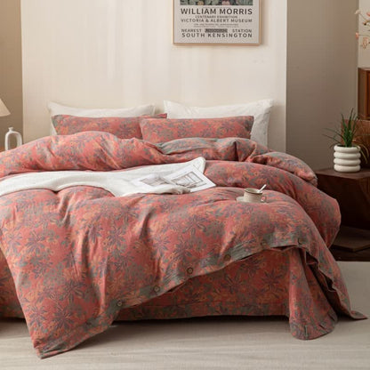 Wendbares Jacquard-Bettwäscheset aus Baumwolle mit Blumenmuster und Knöpfen (4-teilig)
