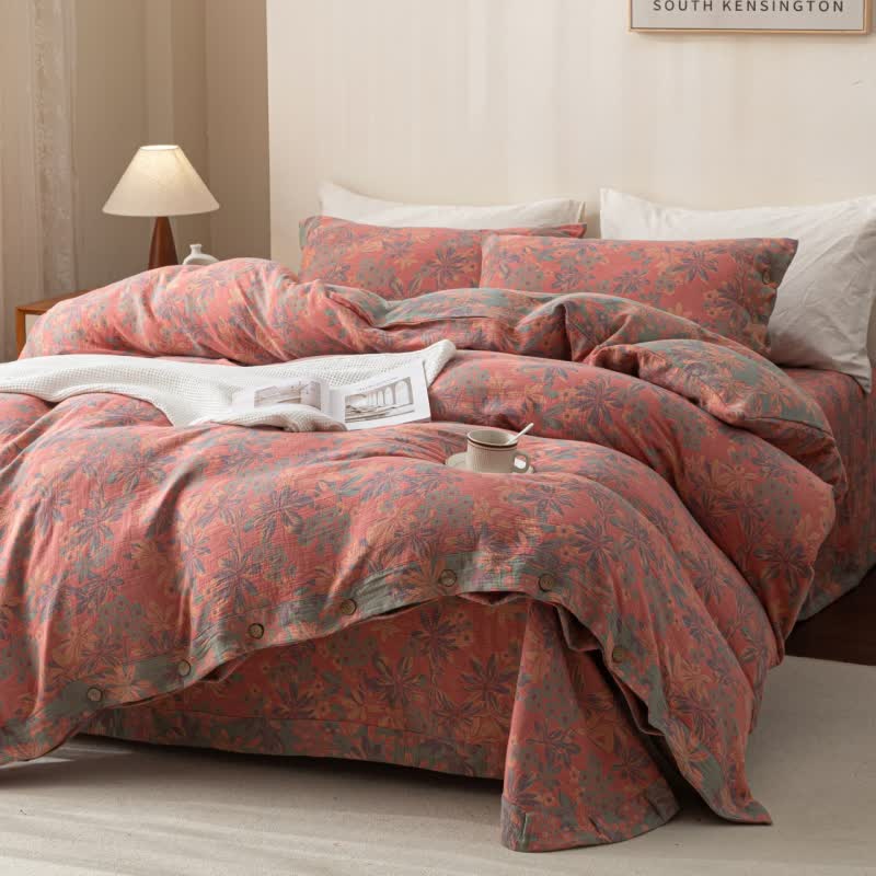 Wendbares Jacquard-Bettwäscheset aus Baumwolle mit Blumenmuster und Knöpfen (4-teilig)